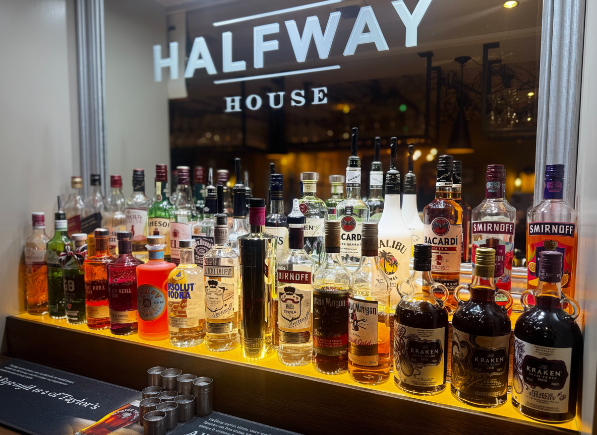 The Halfway House bar with spirits display