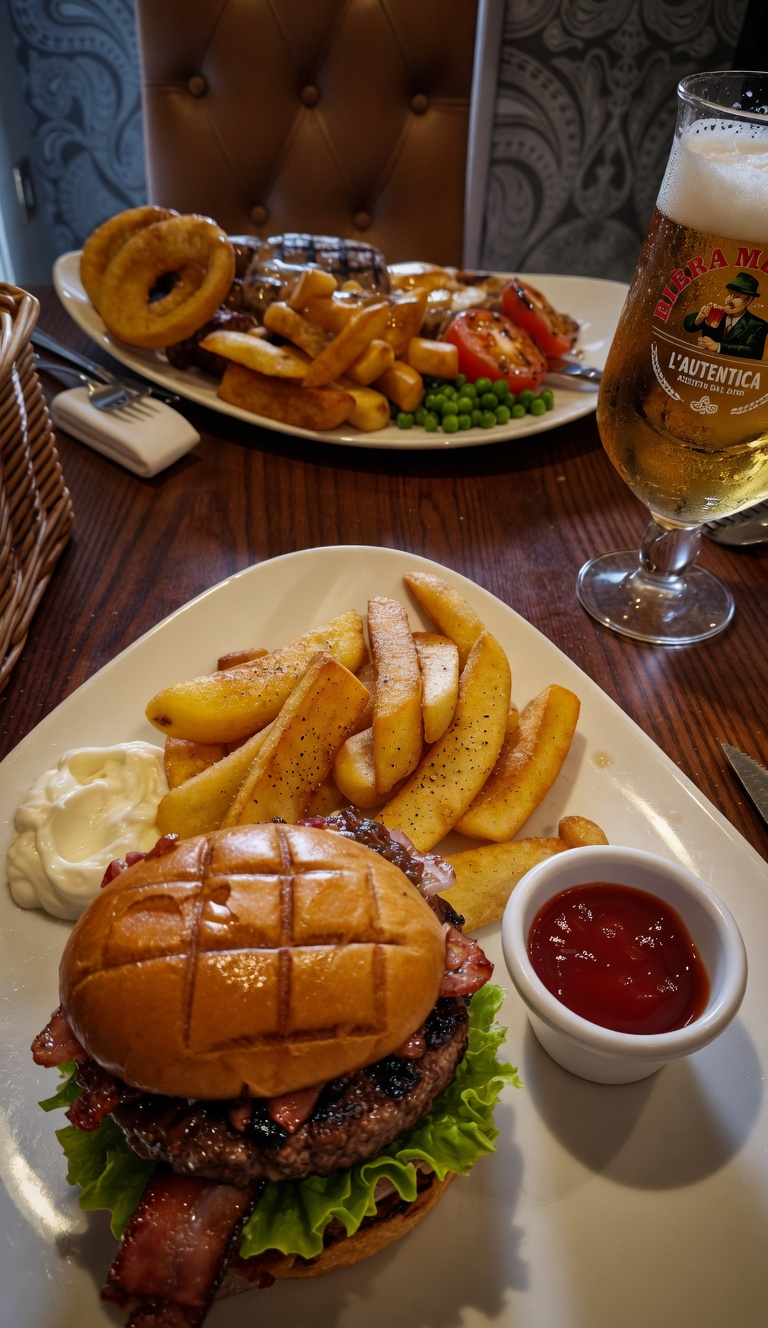 Burger and chips with a beer